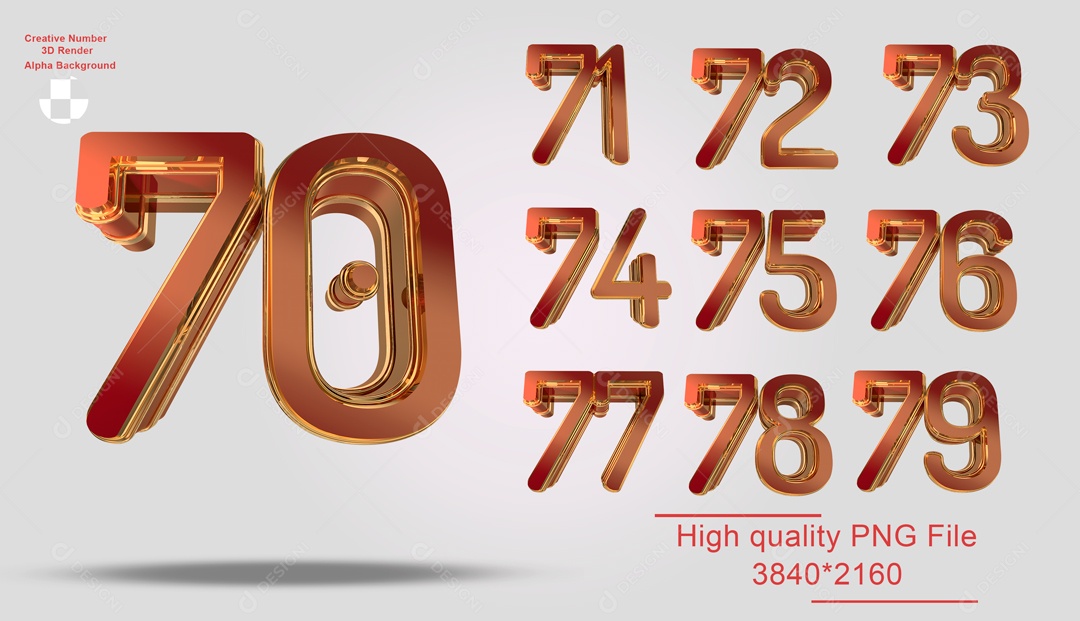 Red and Gold 3D Numbers 70 to 79 For PSD Composition