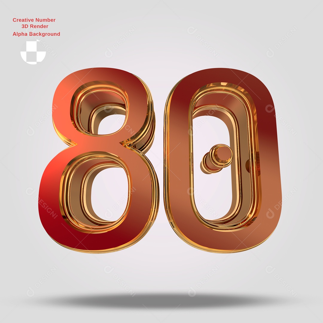 Número 3D 80 Vermelho e Dourado Para Composição PSD