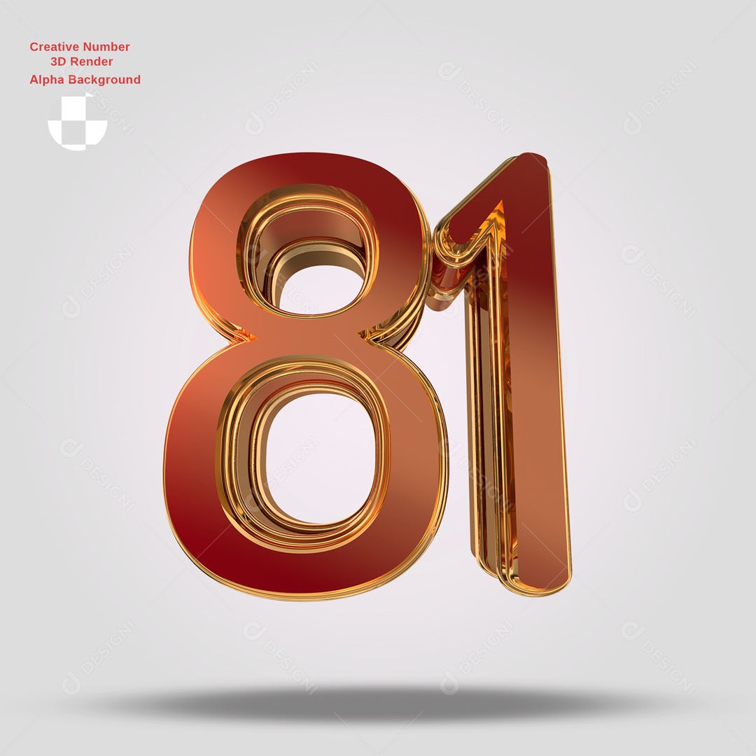 Número 3D 81 Vermelho e Dourado Para Composição PSD