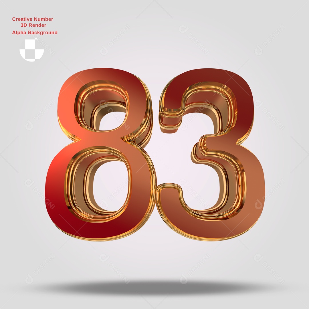 Número 3D 83 Vermelho e Dourado Para Composição PSD