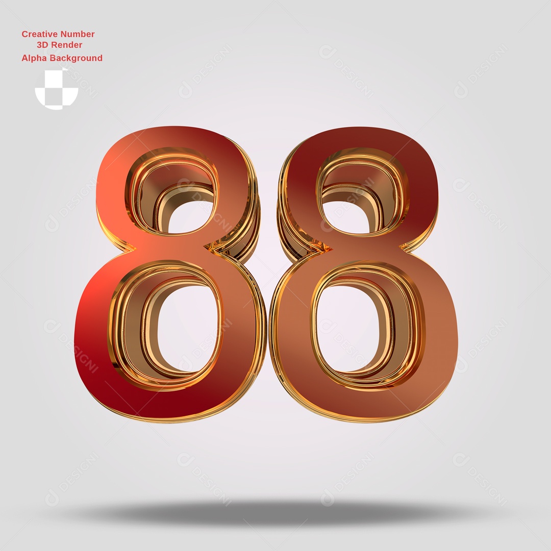 Número 3D 88 Vermelho e Dourado Para Composição PSD