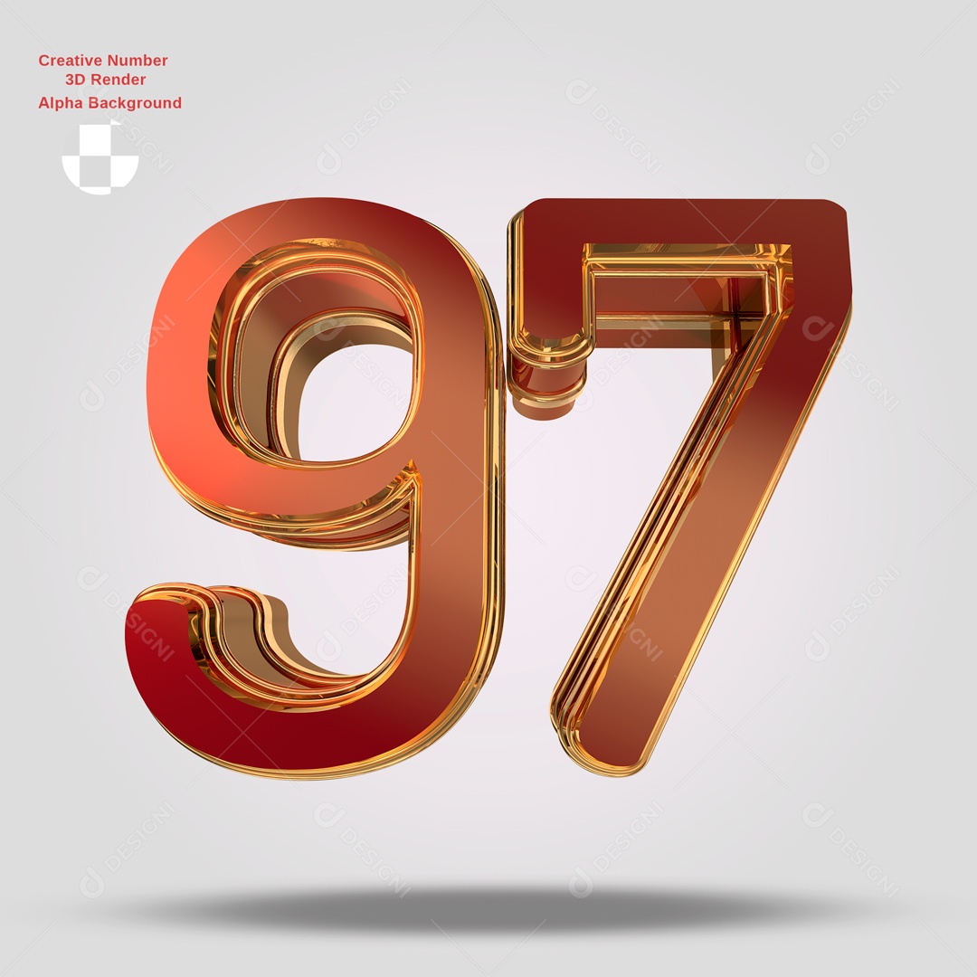 Número 3D 97 Vermelho e Dourado Para Composição PSD