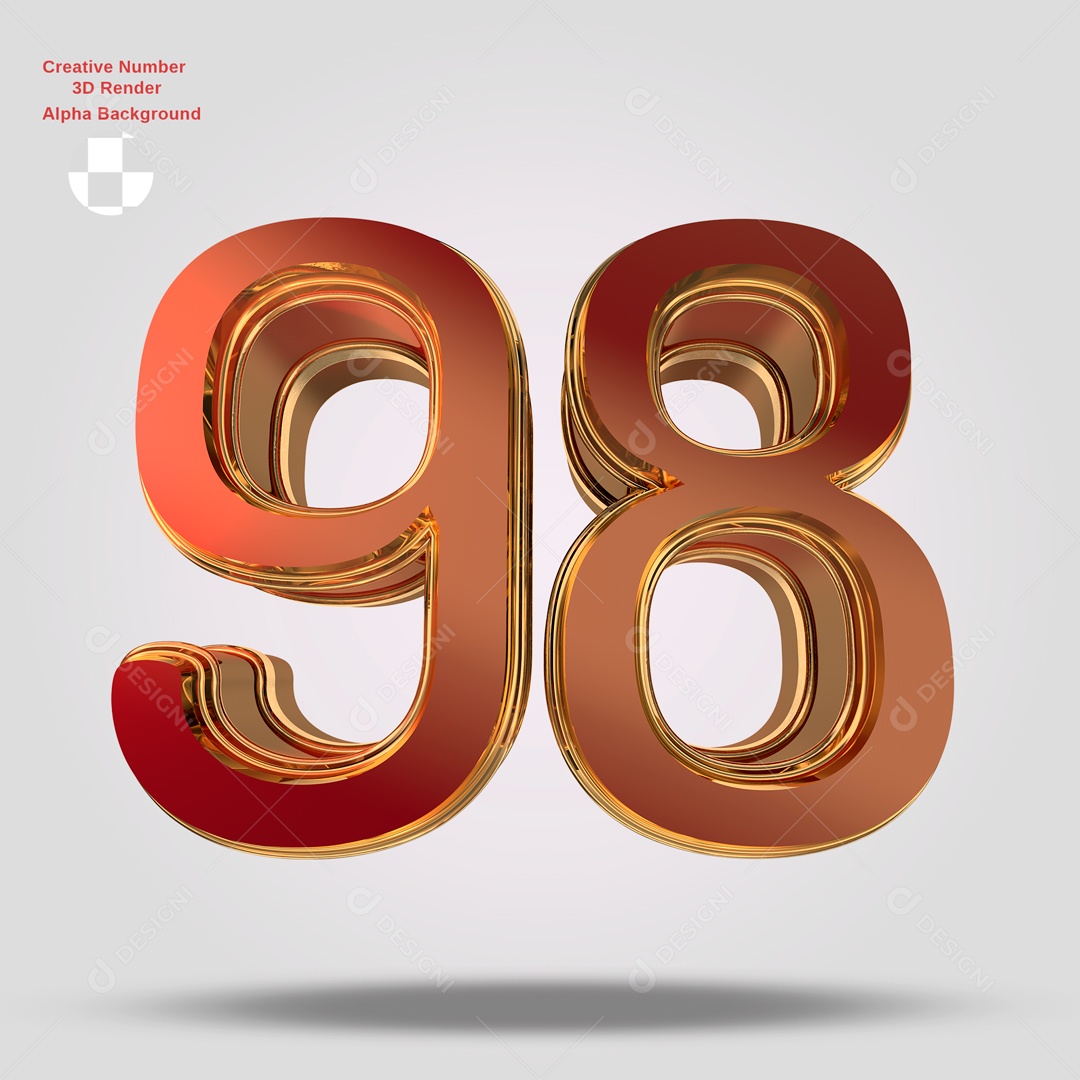 Número 3D 98 Vermelho e Dourado Para Composição PSD