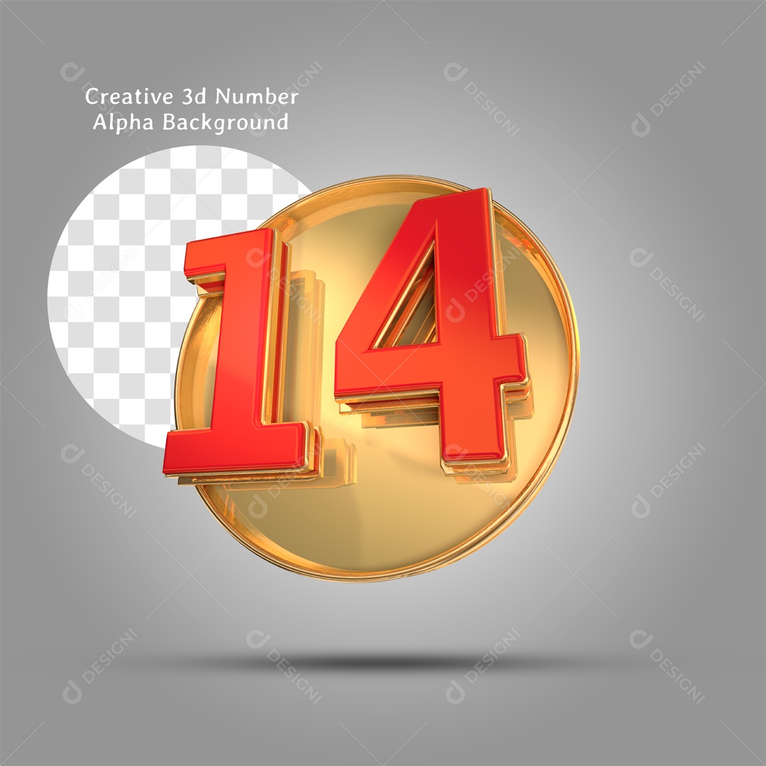 Número 3D Moldura Dourada Número 14 Vermelho Para Composição PSD