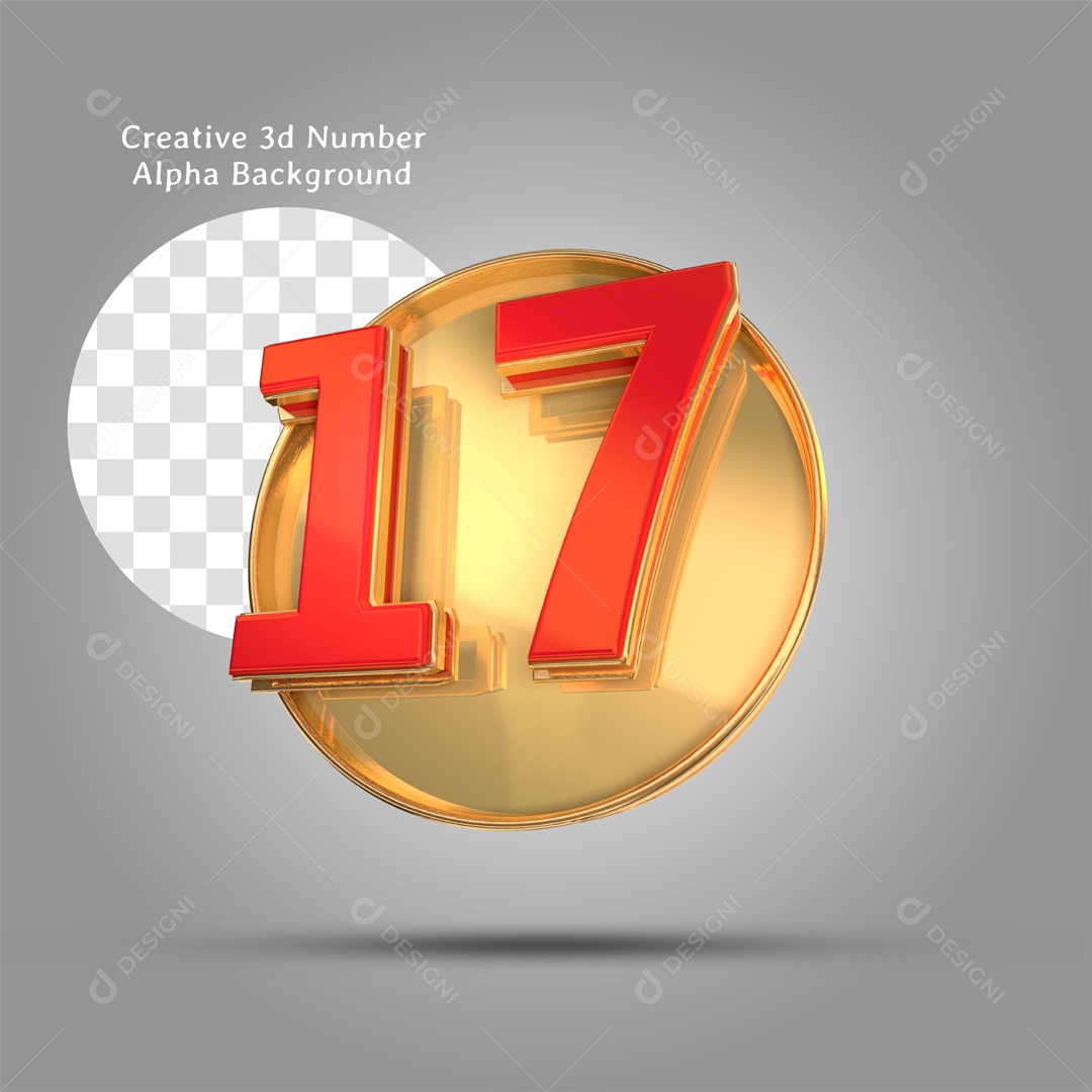 Número 3D Moldura Dourada Número 17 Vermelho Para Composição PSD