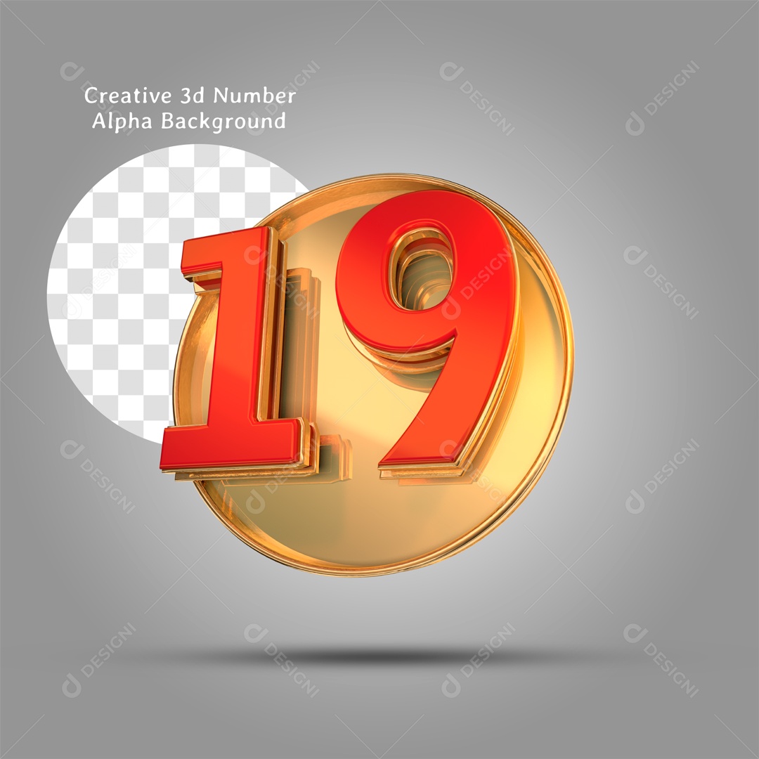 Número 3D Moldura Dourada Número 19 Vermelho Para Composição PSD