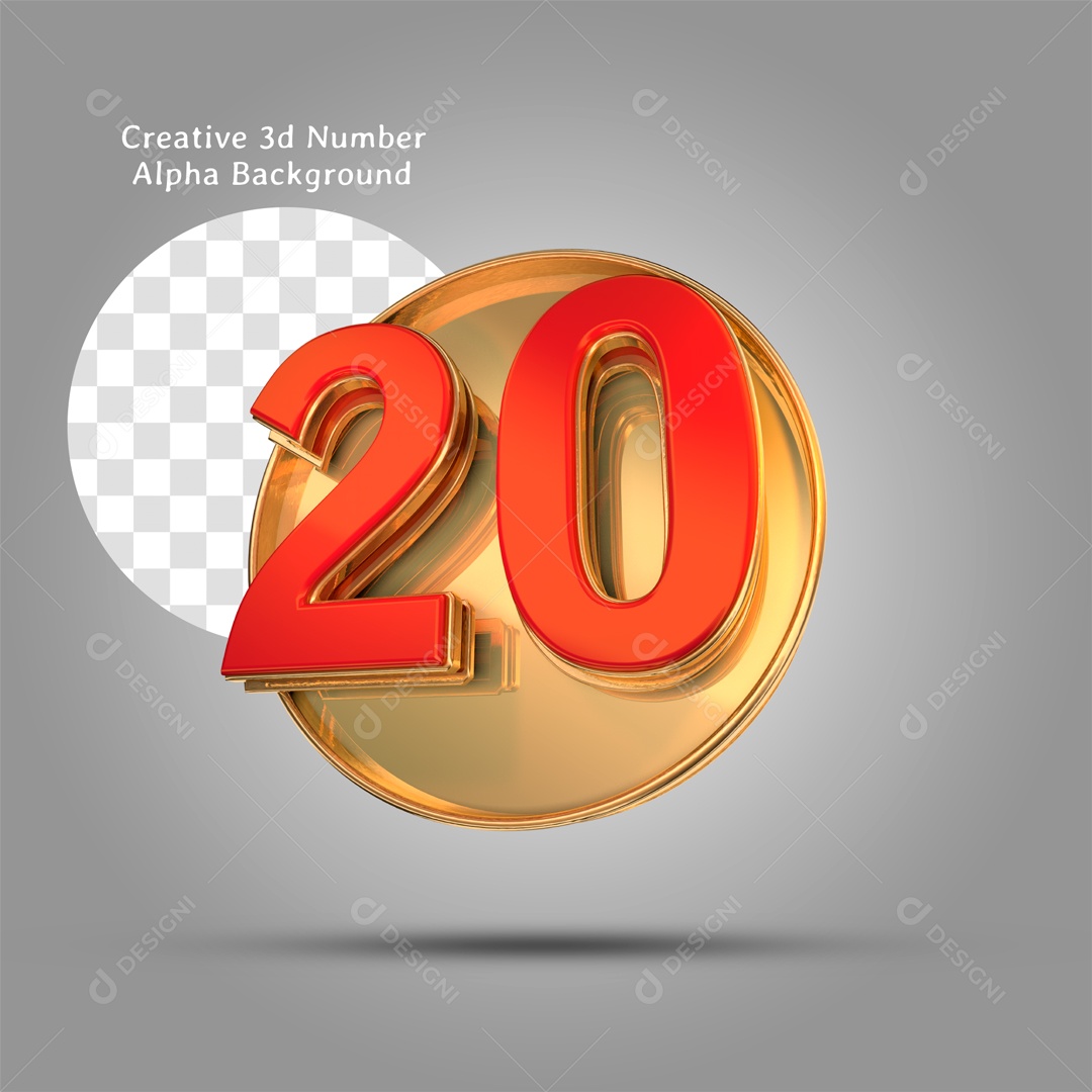 Número 3D Moldura Dourada Número 20 Vermelho Para Composição PSD