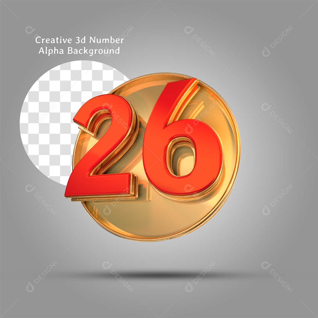 Número 3D Moldura Dourada Número 26 Vermelho Para Composição PSD