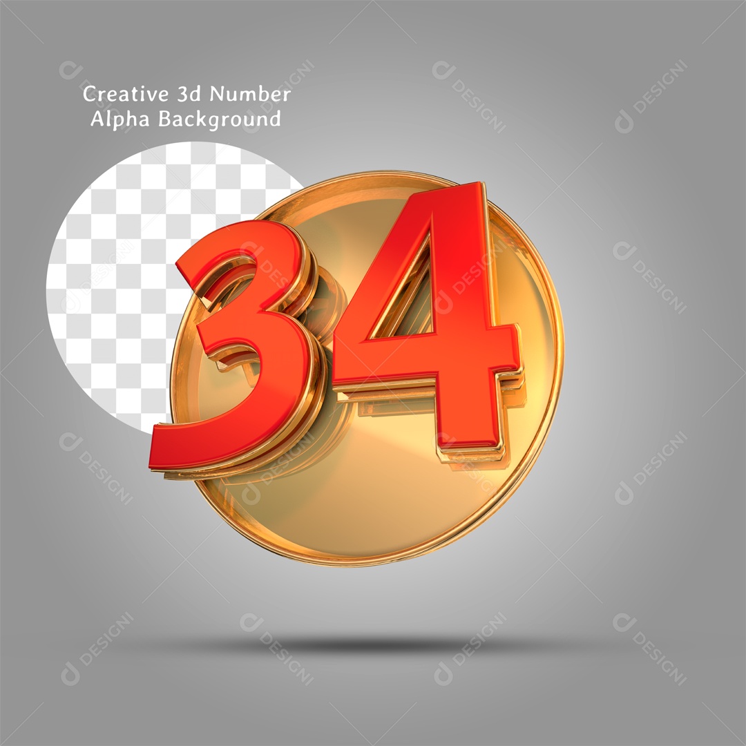 Número 3D Moldura Dourada Número 34 Vermelho Para Composição PSD