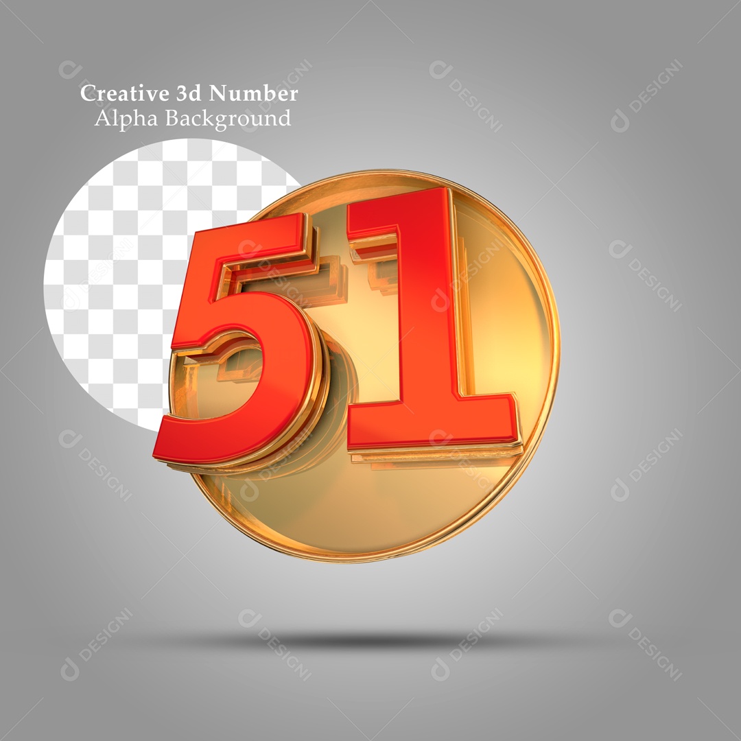 Número 3D Moldura Dourada Número 51 Vermelho Para Composição PSD