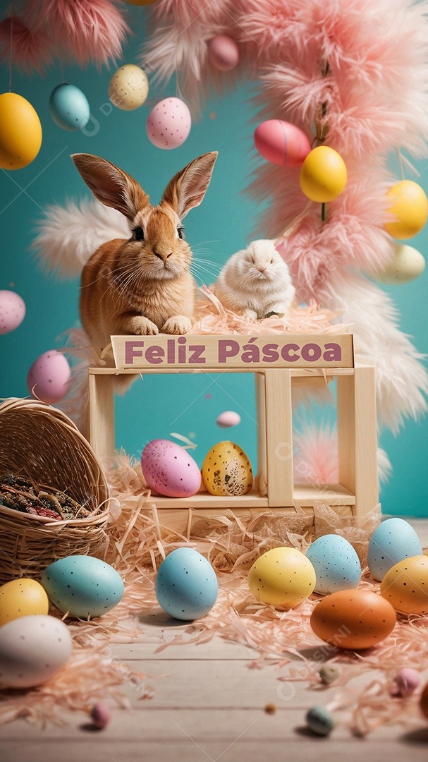 Lindo coelho em uma ambiente decorado com vários ovos coloridos.