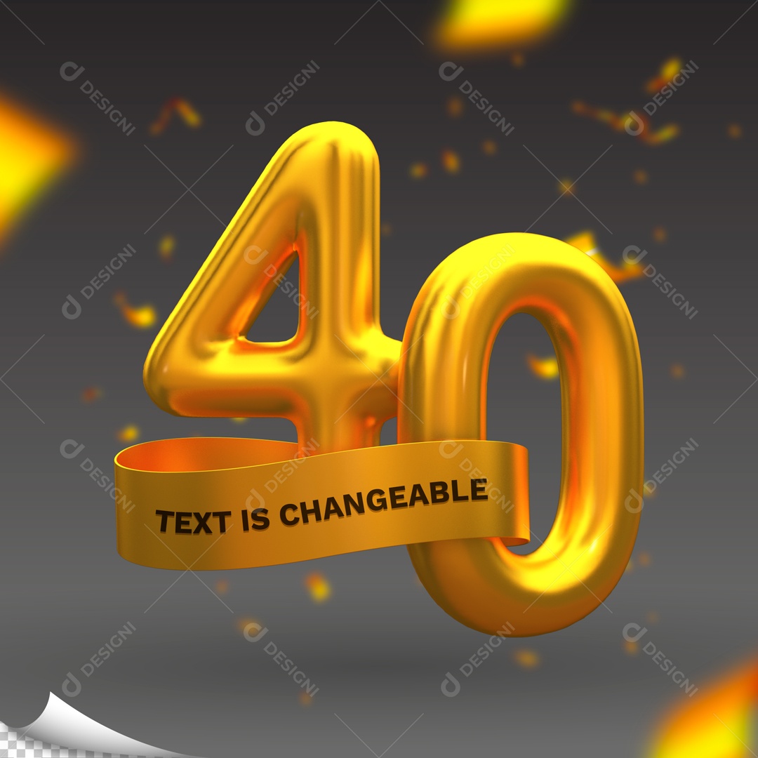 Número 40 Elemento 3D Dourado para Composição PSD
