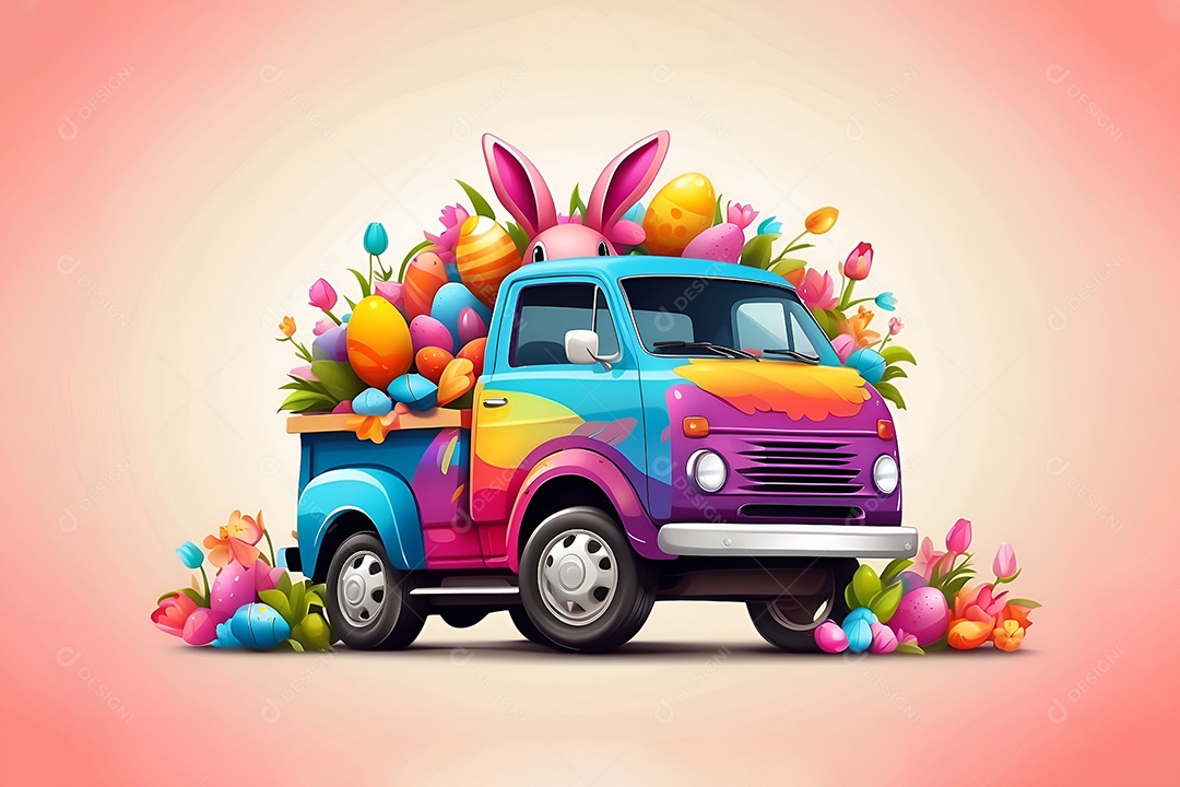 Desenho de carro colorido carregado de ovos de páscoa