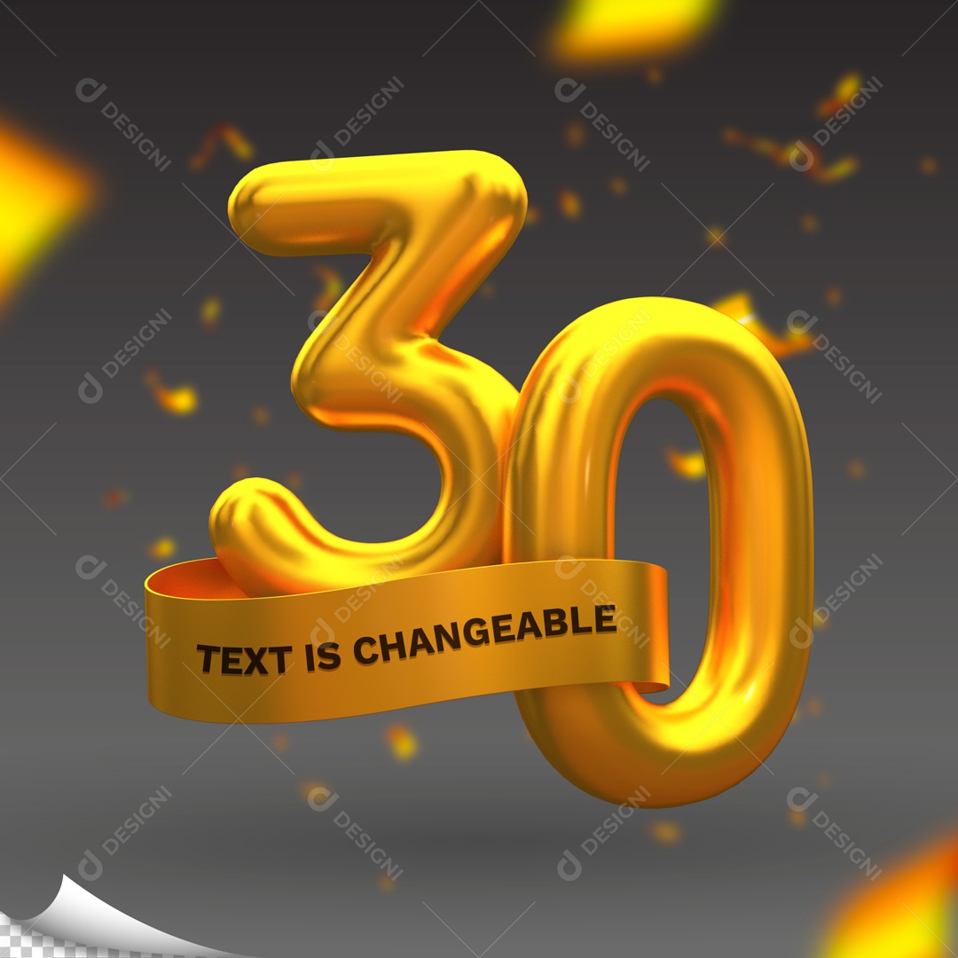 Número 30 Dourado Elemento 3D para Composição PSD