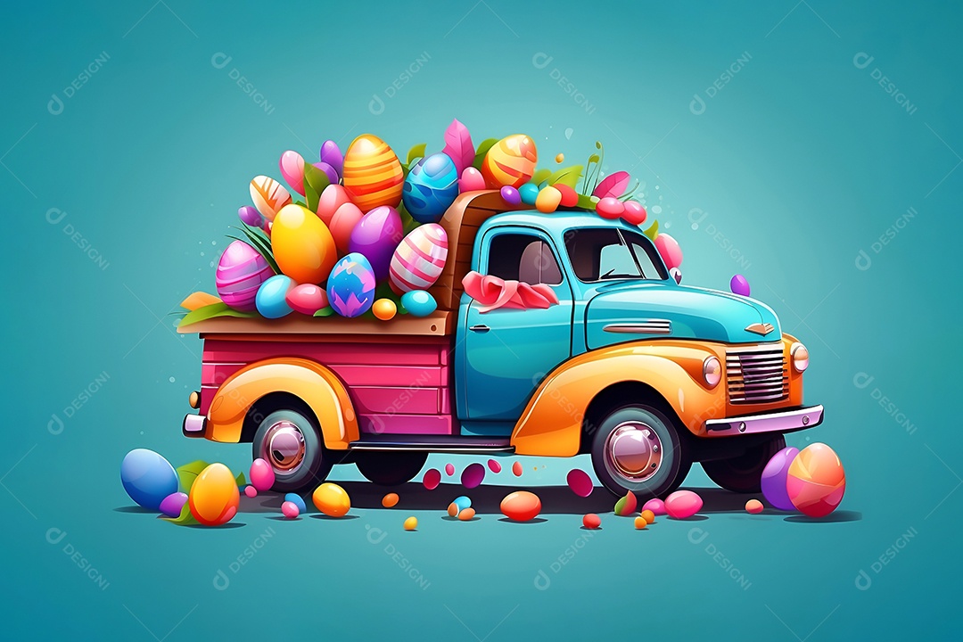 Desenho de carro colorido carregado de ovos de páscoa