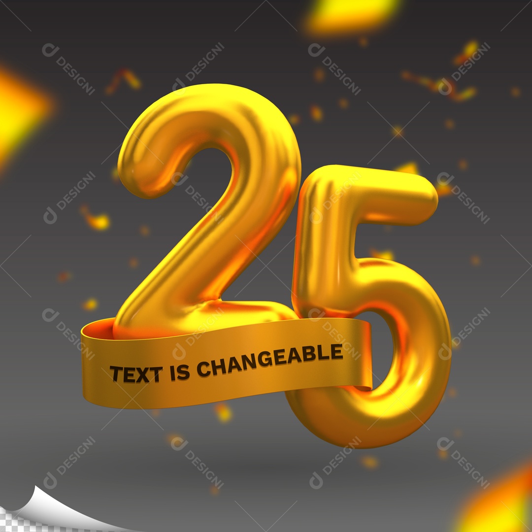 Número 25 Elemento 3D Dourado para Composição PSD