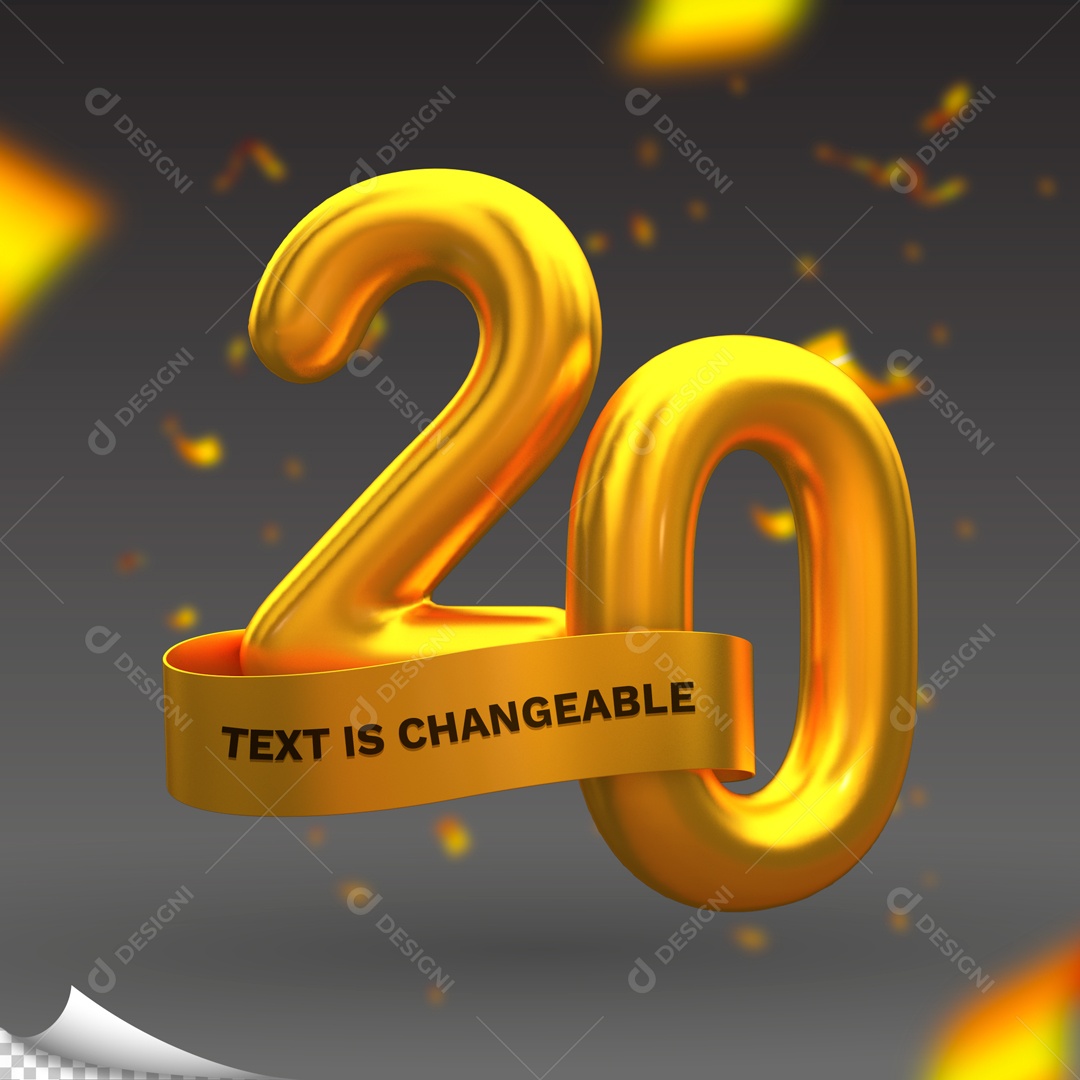 Número 20 Elemento 3D Dourado para Composição PSD