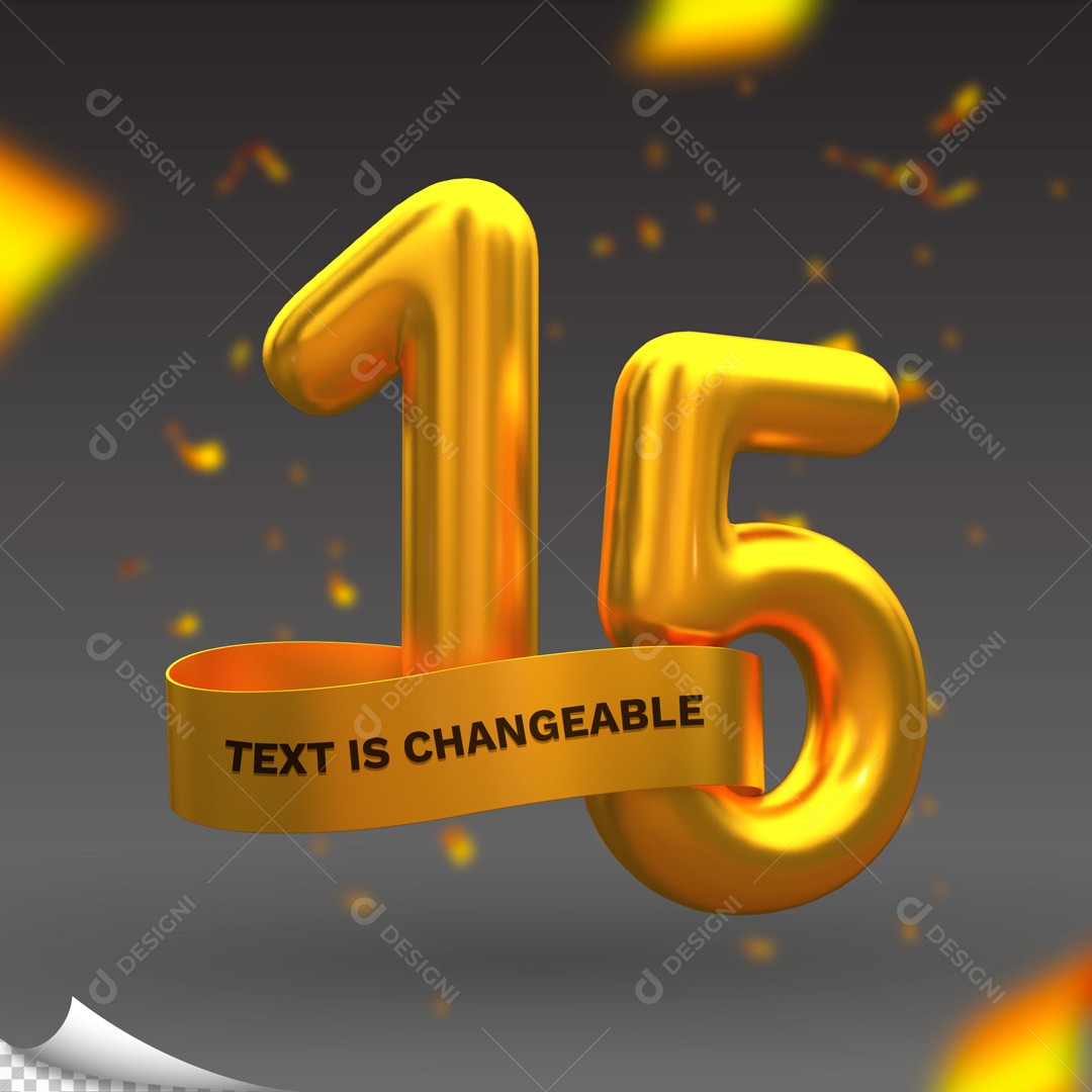 Número 15 Dourado Elemento 3D para Composição PSD