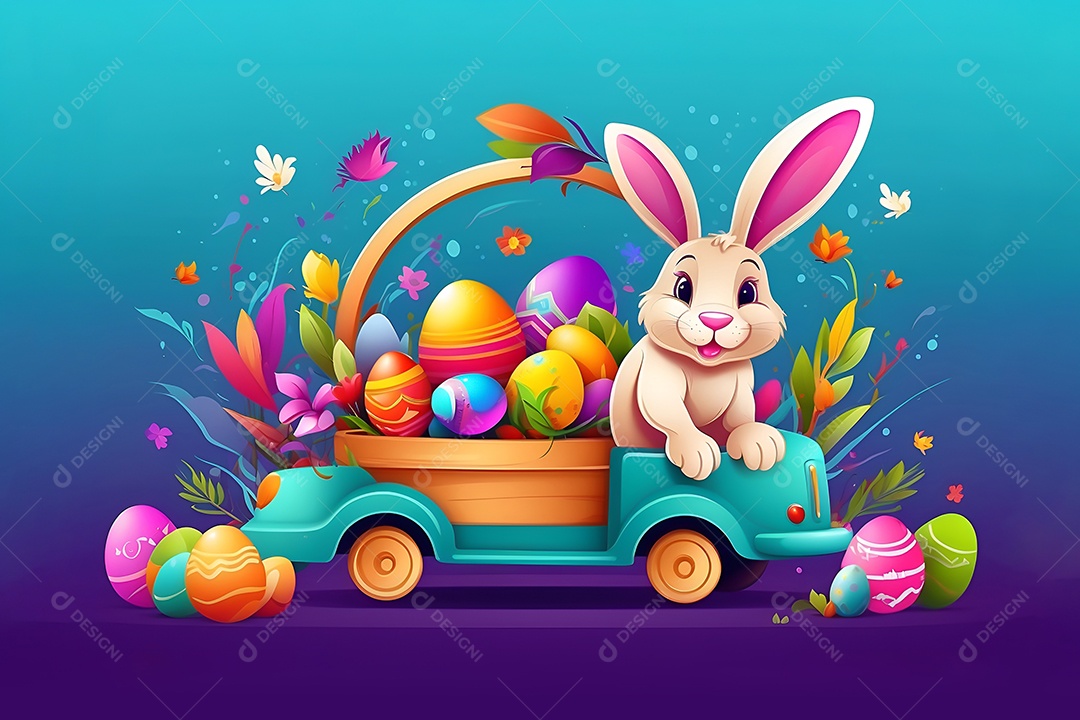 Desenho do coelhinho no carro carregando ovos de páscoa