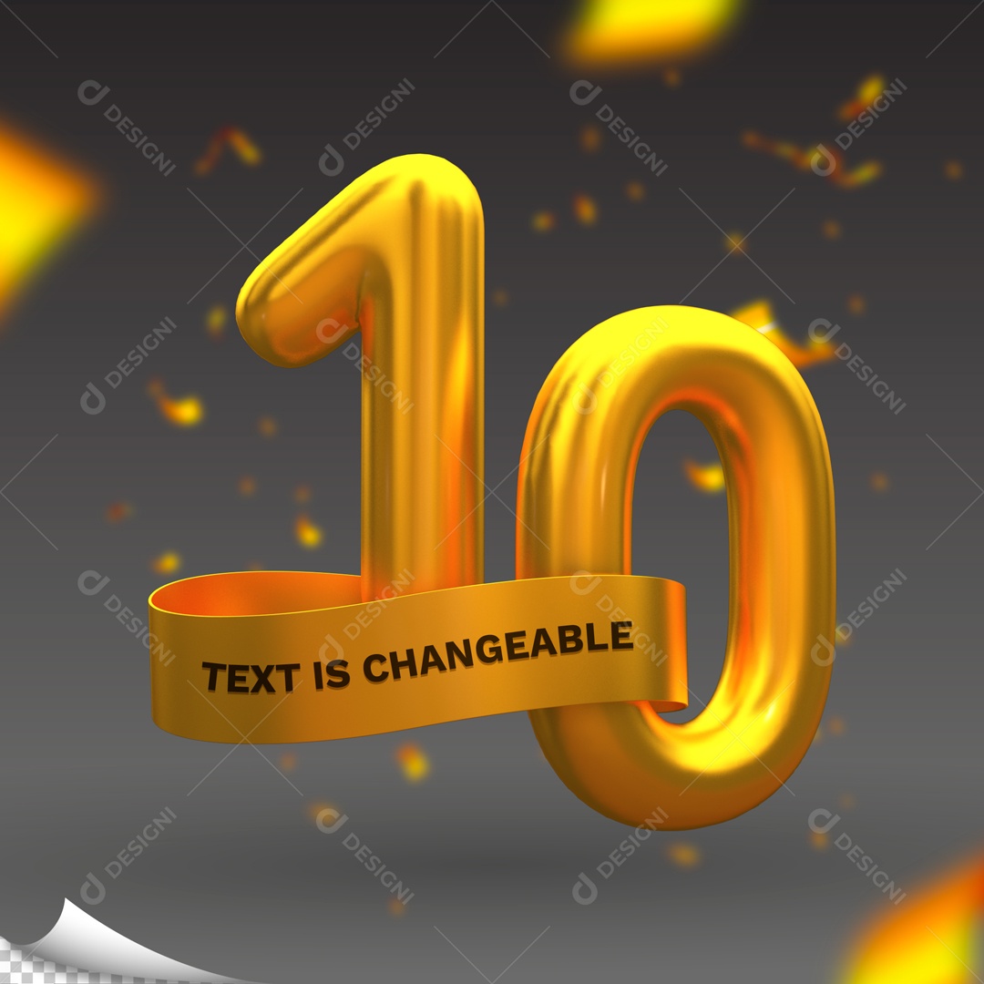 Número 10 Dourado Elemento 3D para Composição PSD