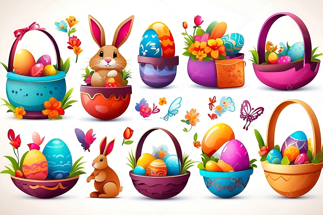 Desenho de ovos de páscoa na cesta sobre um fundo branco