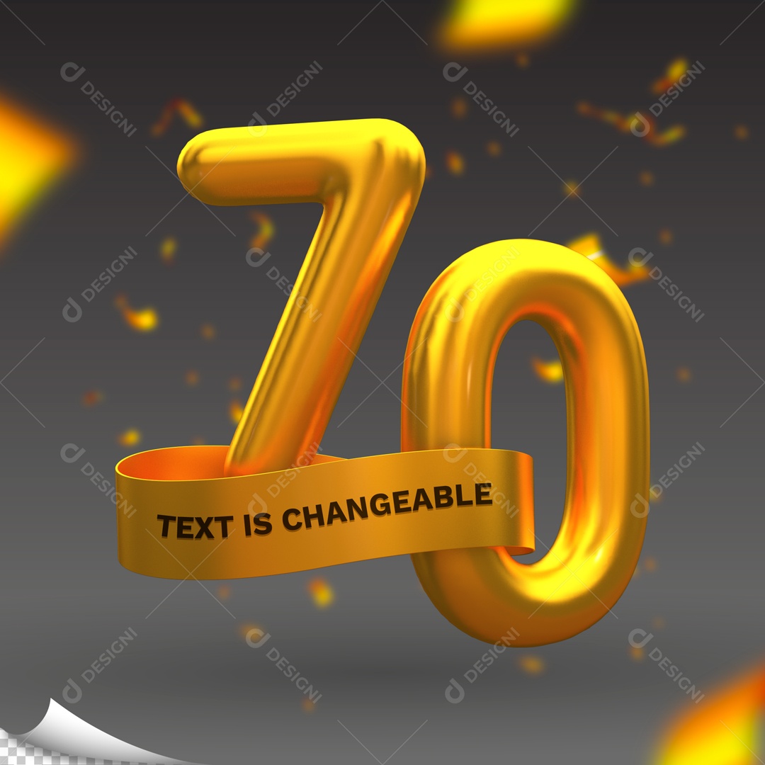 Número 70 Dourado Elemento 3D para Composição PSD