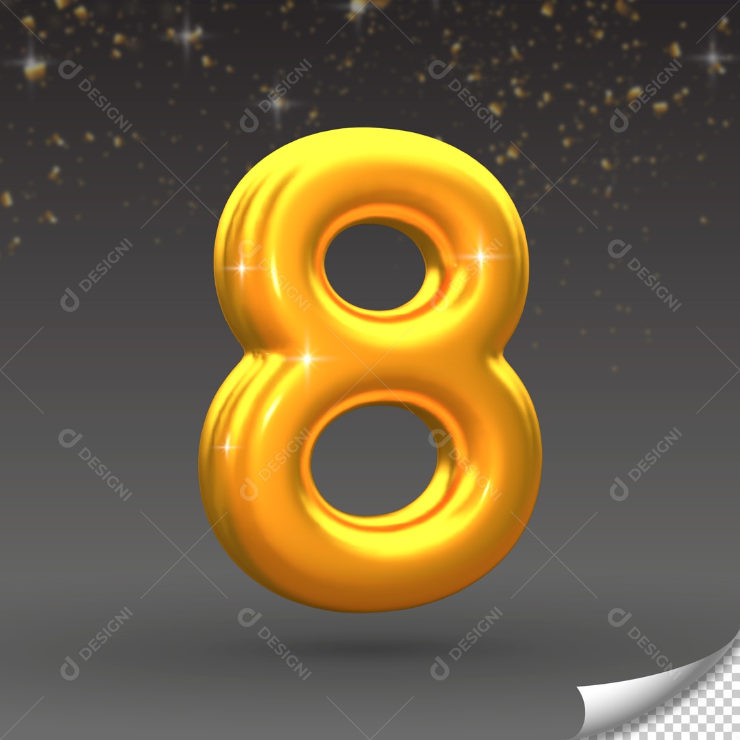Número 8 Elemento 3D Dourado para Composição PSD