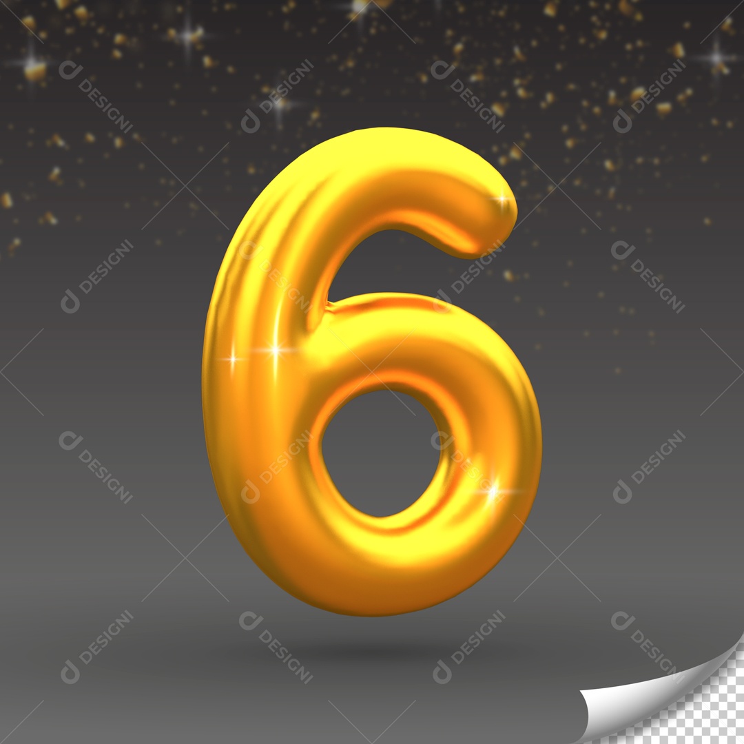 Número 6 Elemento 3D Dourado para Composição PSD