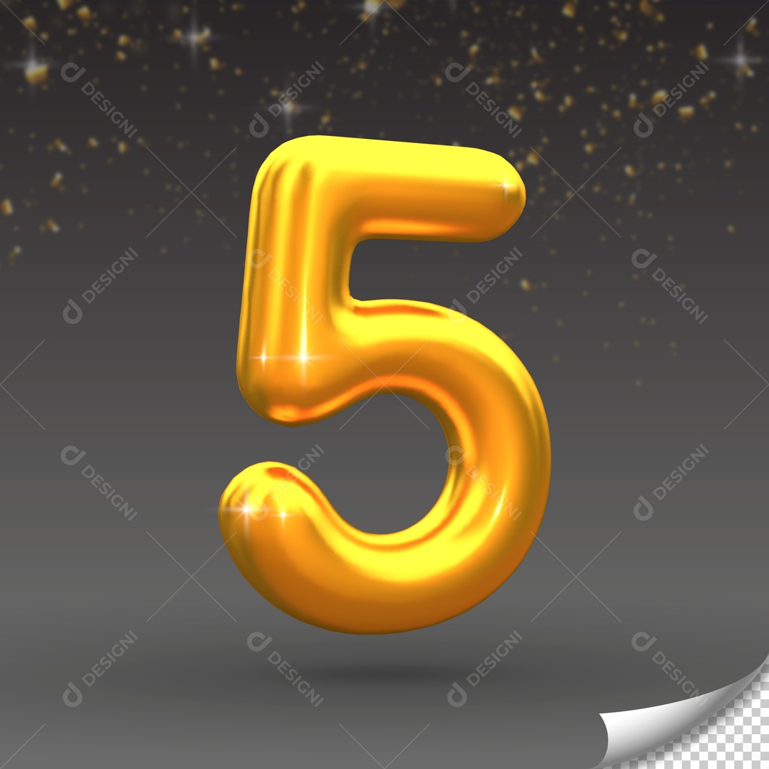 Número 5 Elemento 3D Dourado para Composição PSD