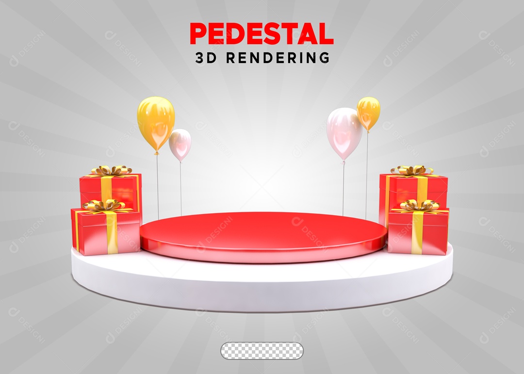 Podium com Presentes e Balões Elemento 3D Vermelho Branco Amarelo para Composição PSD