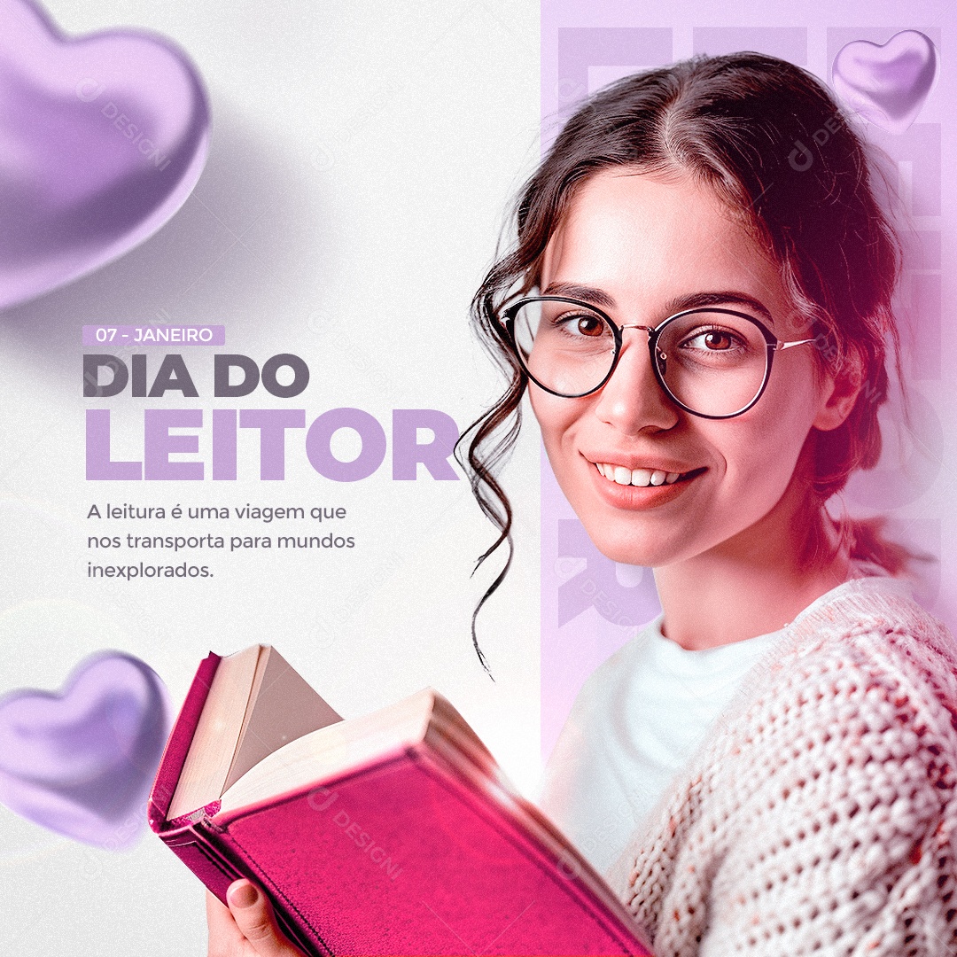 Dia do Leitor 07 de Janeiro A leitura é uma viagem que nos transporta Social Media PSD Editável