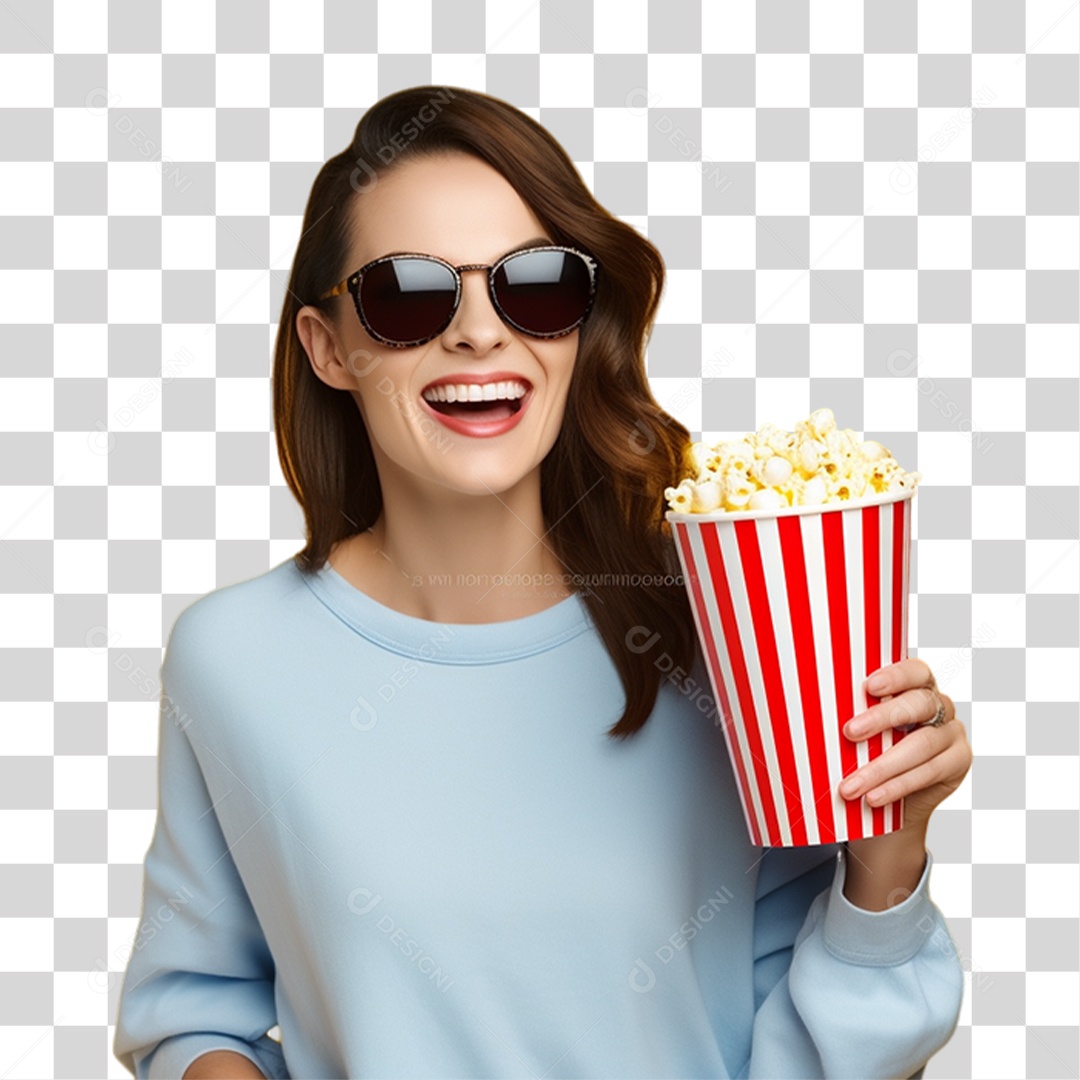 Mulher Segurando Baldes de Pipoca PNG Transparente