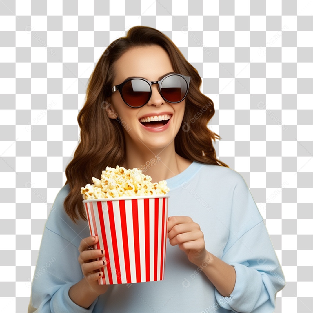 Mulher Segurando Baldes de Pipoca PNG Transparente