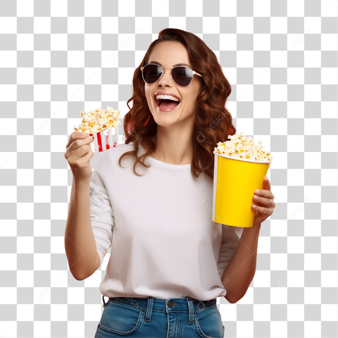 Mulher Segurando Baldes de Pipoca PNG Transparente