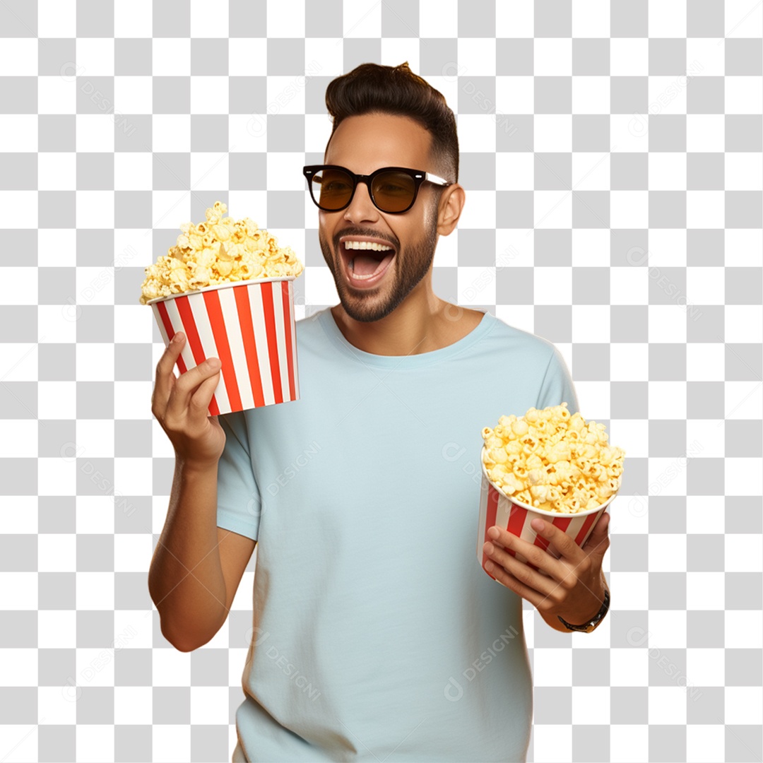 Homem Segurando Baldes de Pipoca PNG Transparente