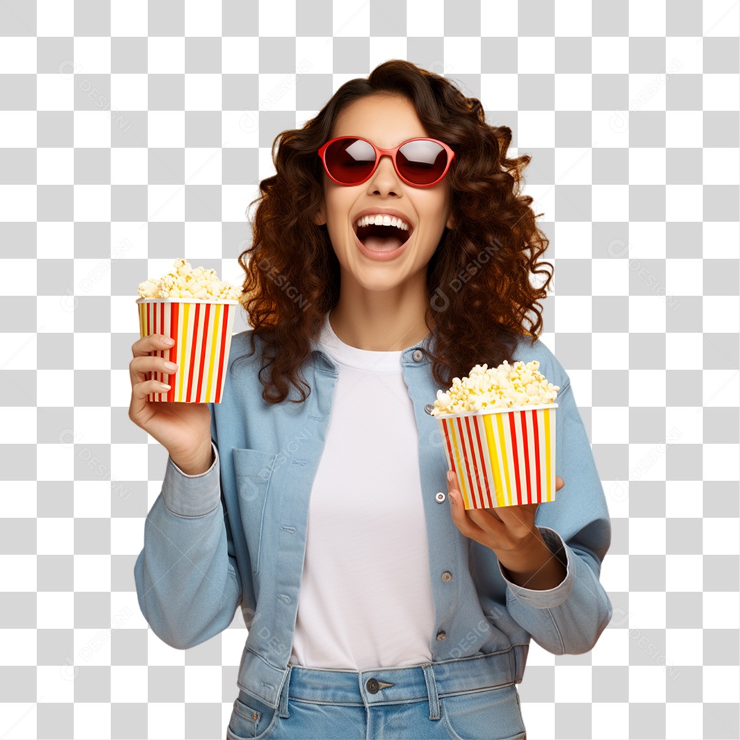 Mulher Segurando Baldes de Pipoca PNG Transparente