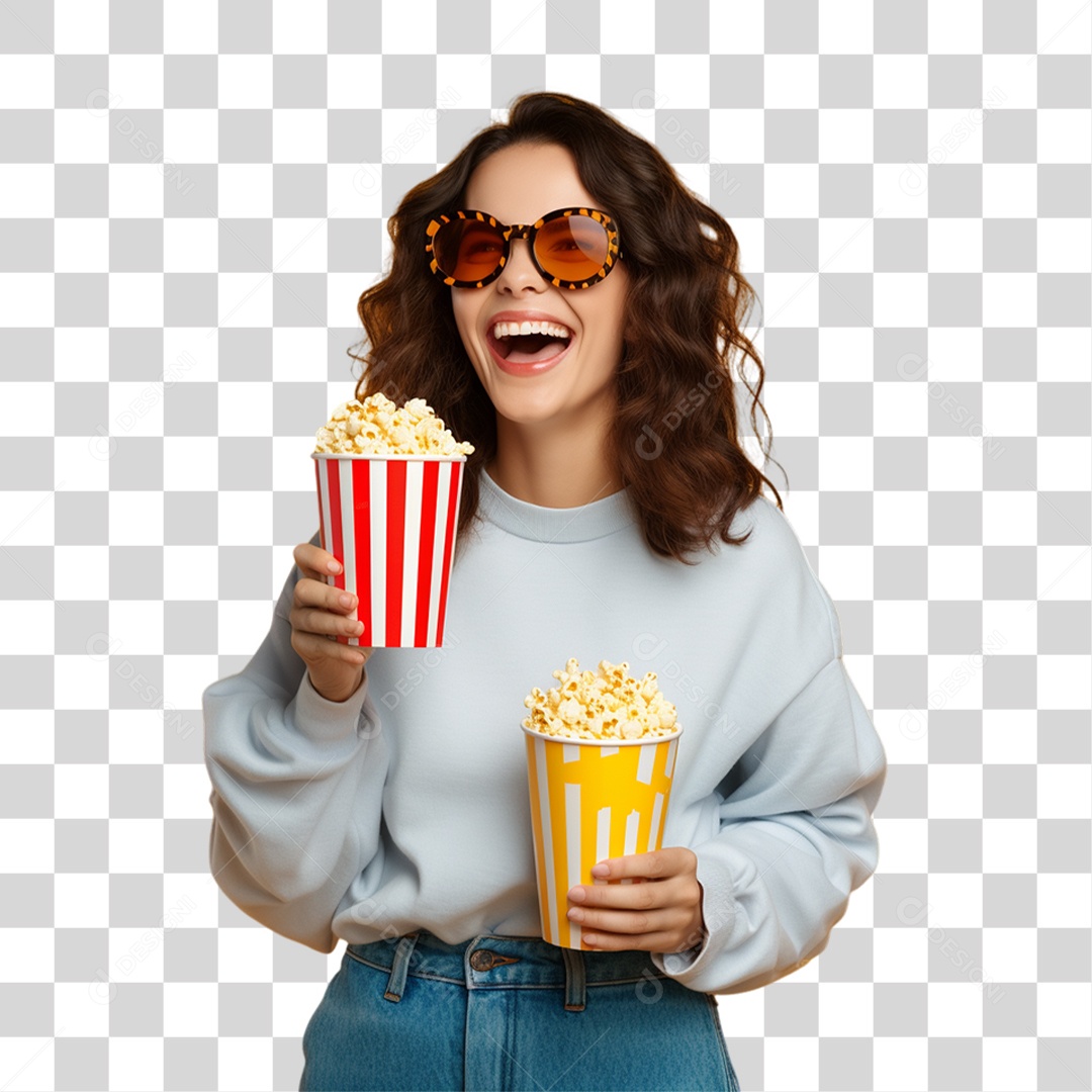 Mulher Segurando Baldes de Pipoca PNG Transparente