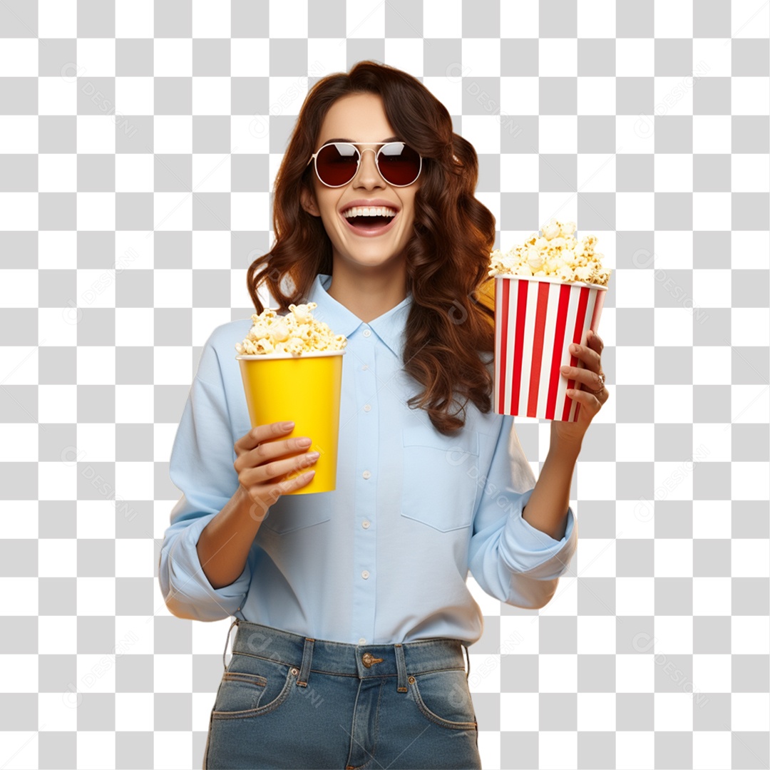 Mulher Segurando Baldes de Pipoca PNG Transparente