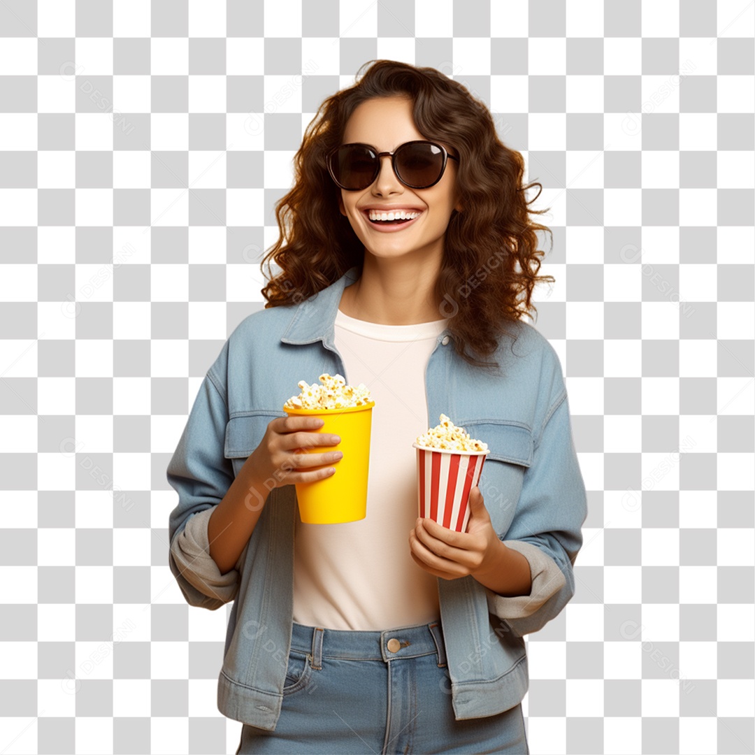 Mulher Segurando Baldes de Pipoca PNG Transparente