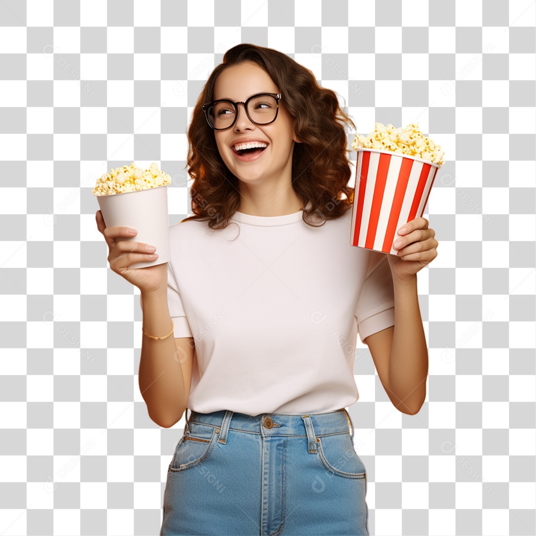 Mulher Segurando Baldes de Pipoca PNG Transparente