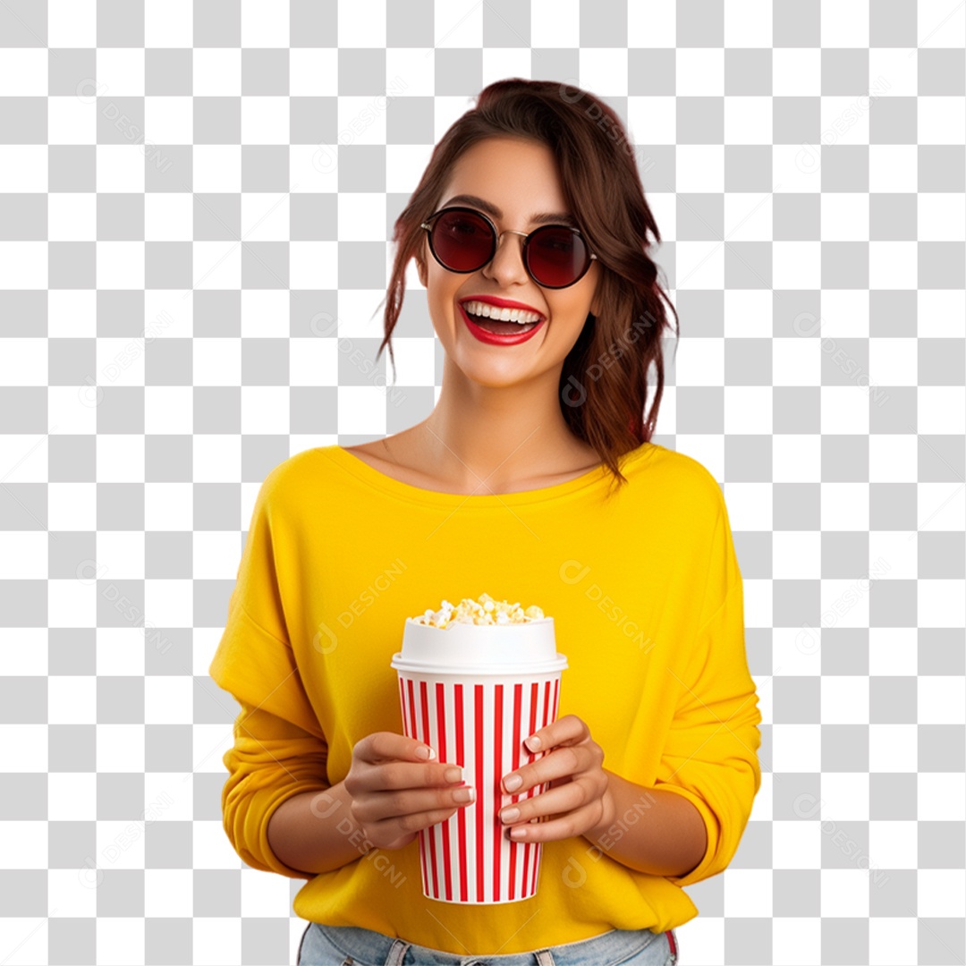 Mulher Segurando Baldes de Pipoca PNG Transparente