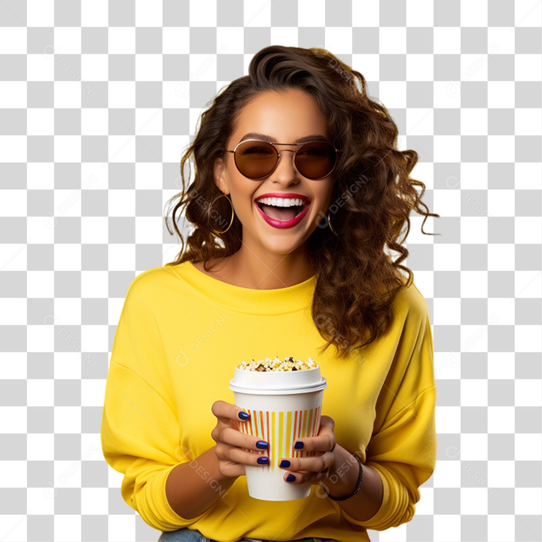 Mulher Segurando Baldes de Pipoca PNG Transparente