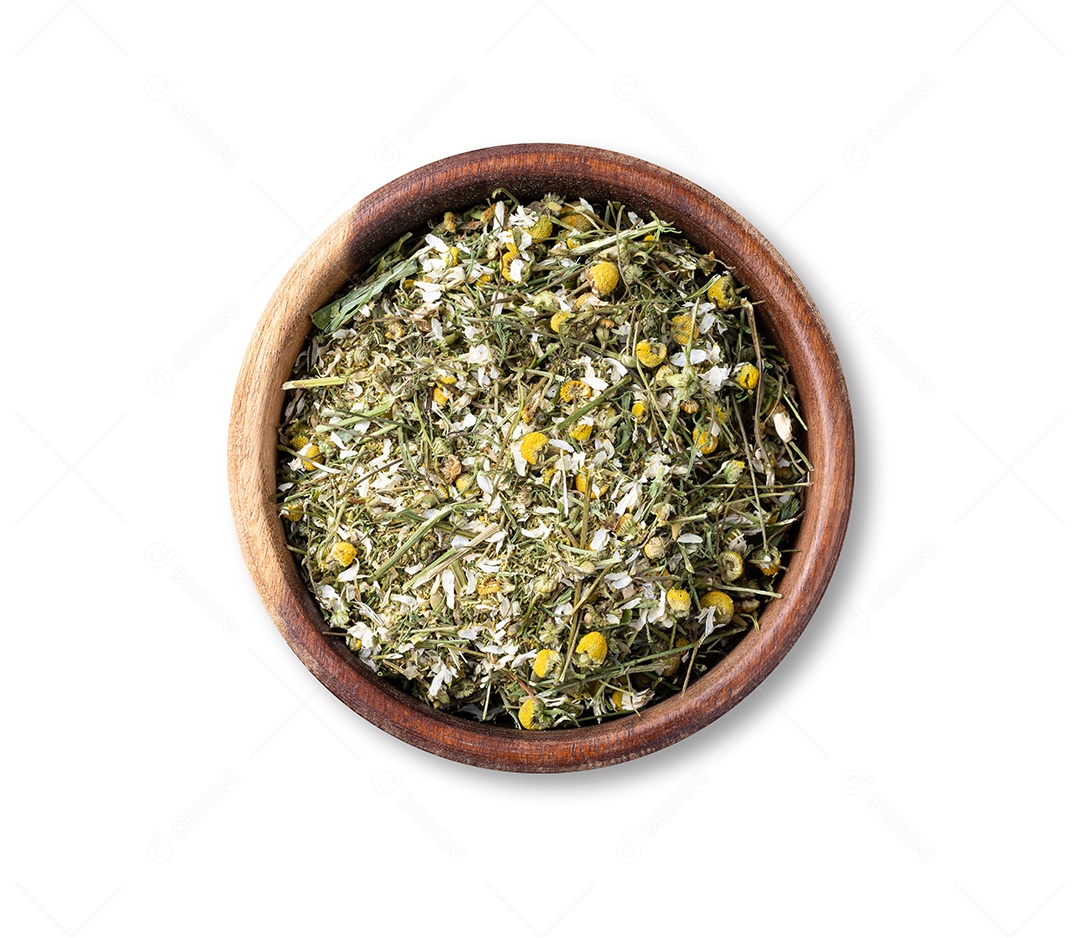 Camomila em folhas e flor dentro da tigela sobre fundo branco