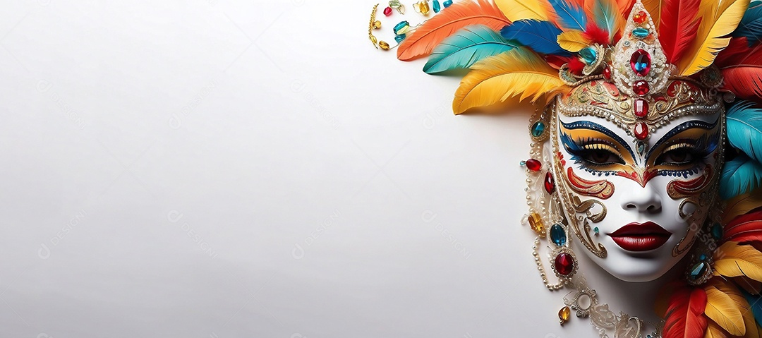 Máscara de Carnaval  com penas colorida sobre um fundo branco