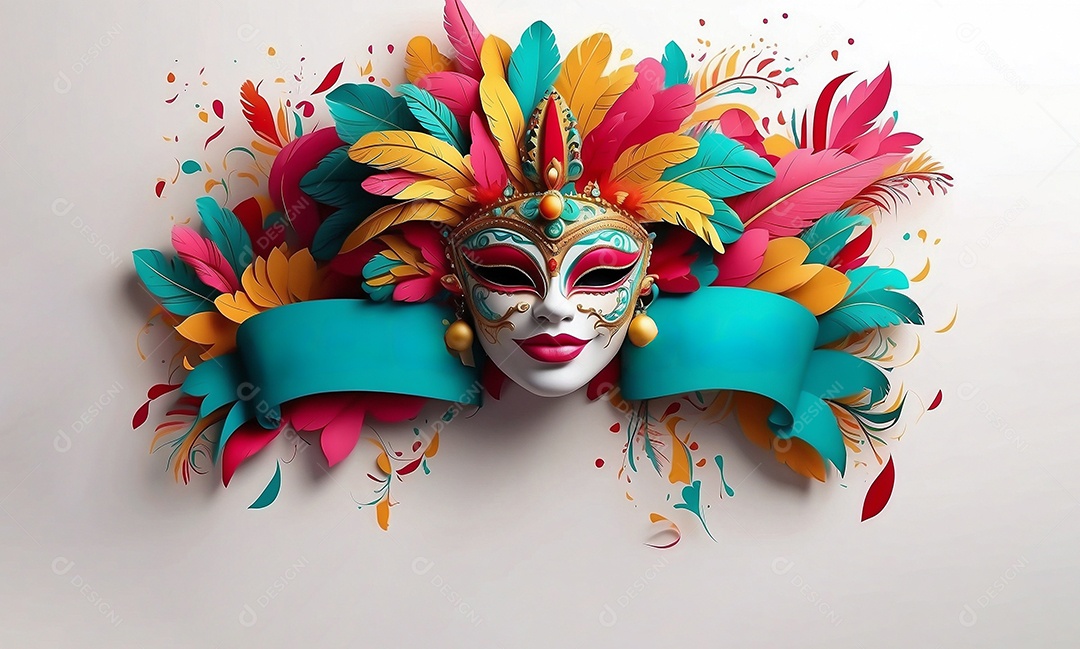 Máscara de Carnaval  com penas colorida sobre um fundo branco