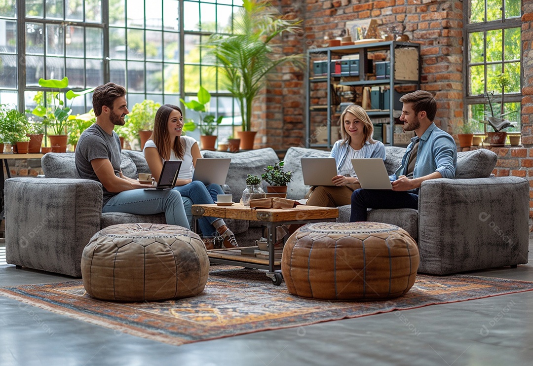 Grupo jovem e diversificado de pessoas tomando café e relaxando após o trabalho no escritório da empresa de marketing