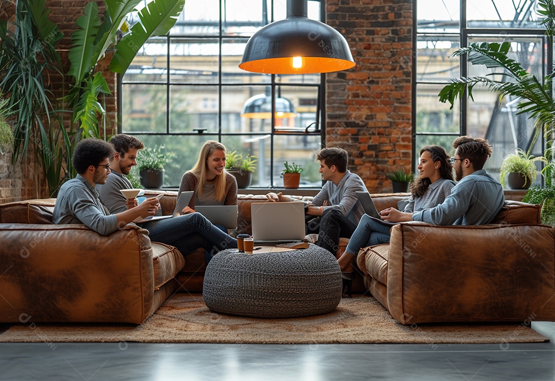 Grupo jovem e diversificado de pessoas tomando café e relaxando após o trabalho no escritório da empresa de marketing