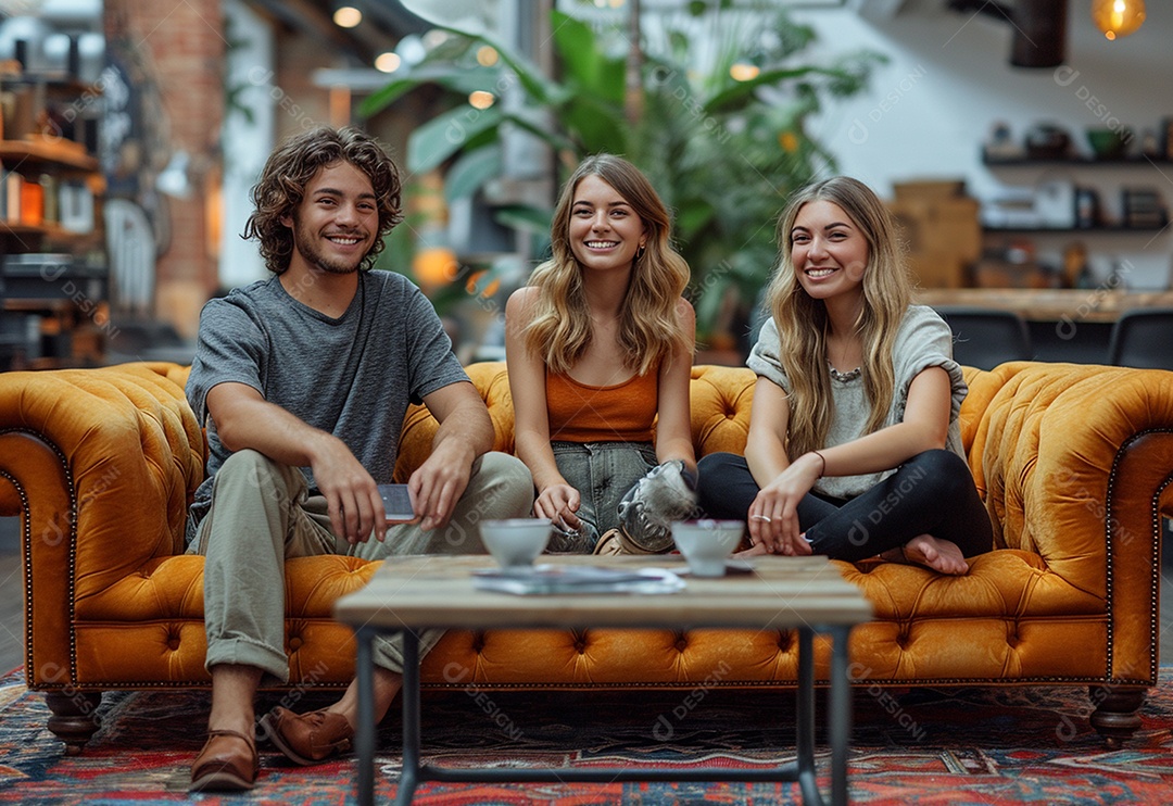 Grupo jovem e diversificado de pessoas tomando café e relaxando após o trabalho no escritório da empresa de marketing