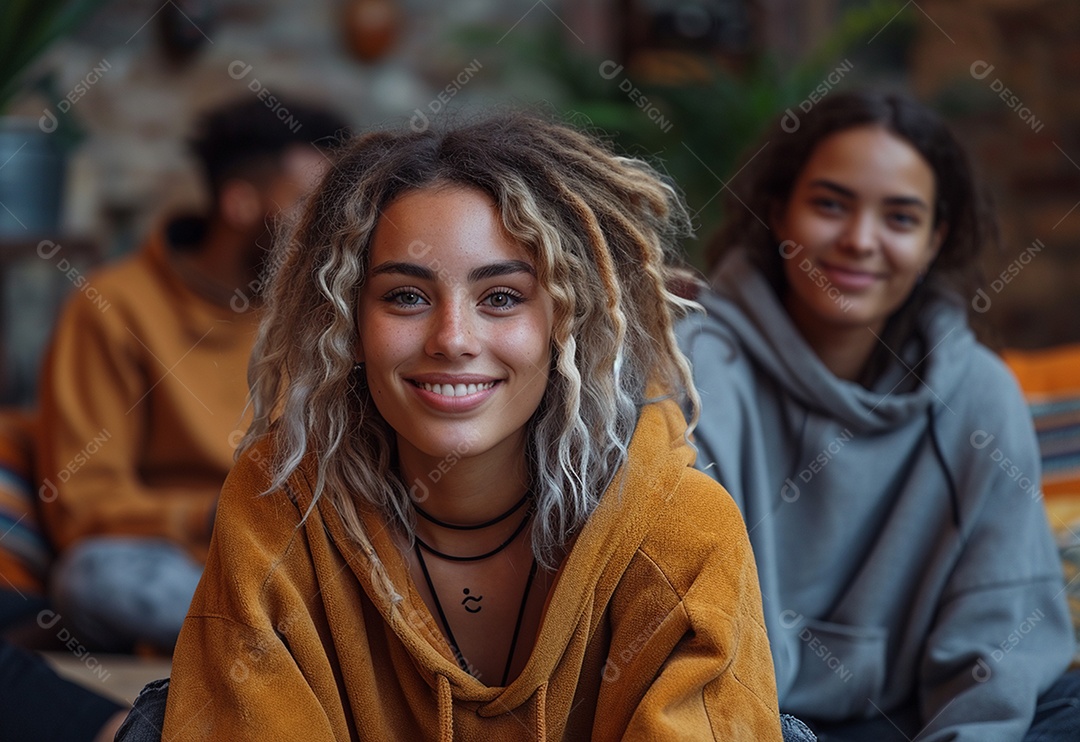 Grupo jovem e diversificado de pessoas tomando café e relaxando após o trabalho no escritório da empresa de marketing