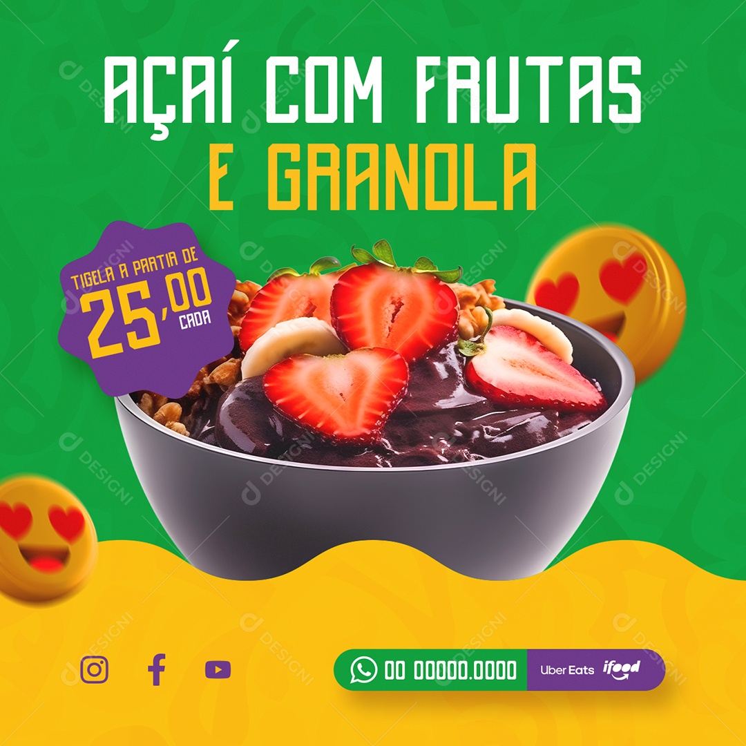 Açaiteria Açaí com Frutas e Granola Tigela Social Media PSD Editável